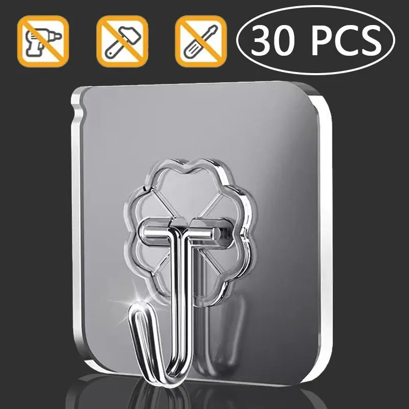 30-Piece Transparent Strong Self-Adhesive Wall and Door Hooks - Heavy-Duty Suction Cup Hangers for Kitchen and Bathroom Use