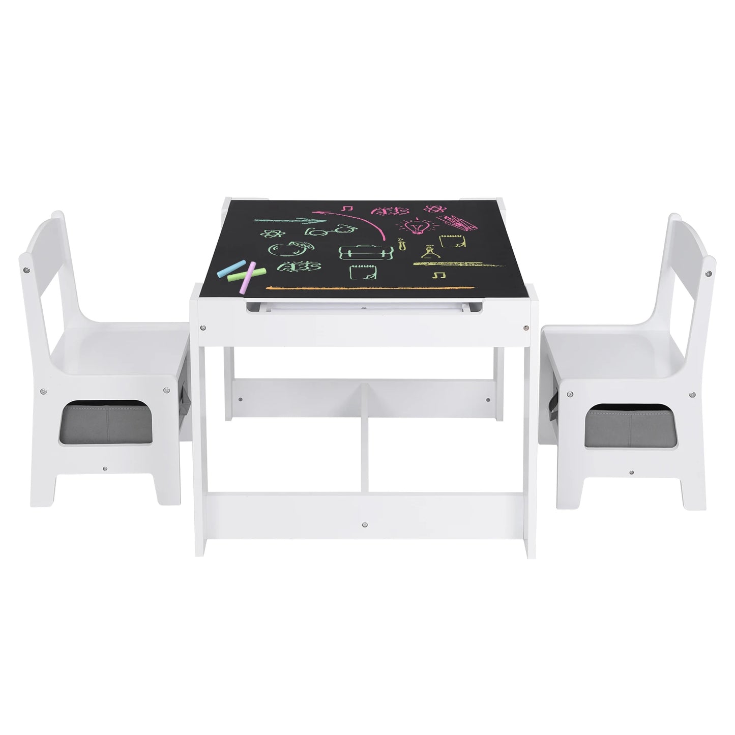 White Children's Table and 2 Chairs Set with Storage Basket, Reversible Blackboard Tabletop, and Paper Roll for Preschool Furniture