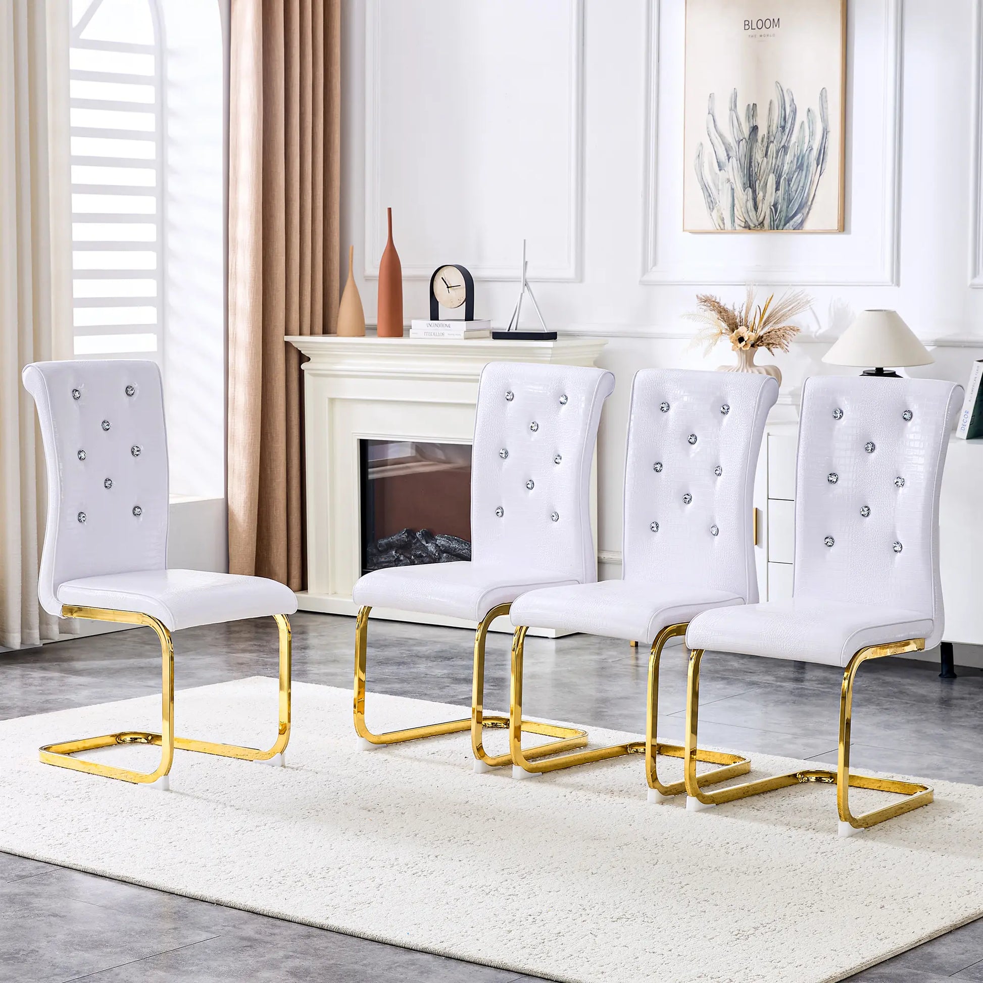 Set of 4/6 Retro Faux Crocodile Leather Dining Chairs with Crystal Buckle, Upholstered Bow-Shaped Metal Legs, Ideal for Living Room and Kitchen