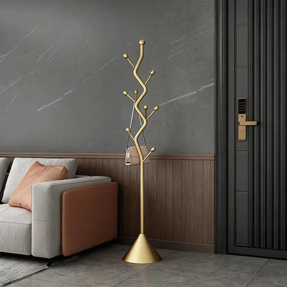 Tree-Shaped Freestanding Coat Rack with 8 Hooks and Sturdy Cast Iron Base - Heavy Duty Metal Hanger for Coats, Hats, Scarves, and Purses (Gold)