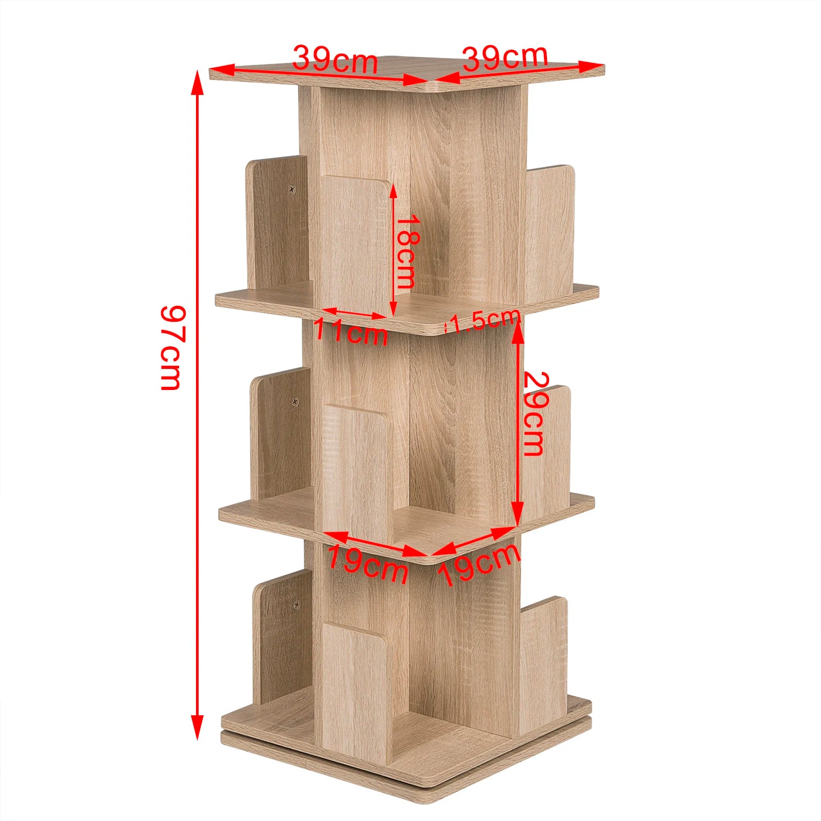 39x39x97 cm MDF 360-Degree Rotating 3-Tier Bookcase Floor Shelf for Living Room Corner Storage