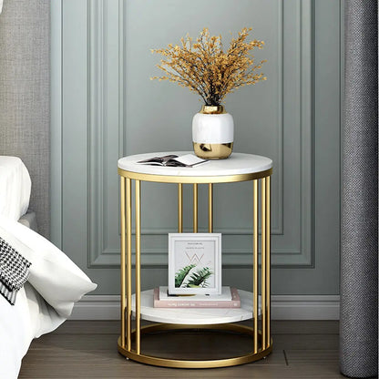 Elegant 2-Tier White Marble Round Side Table with Jewelry Storage