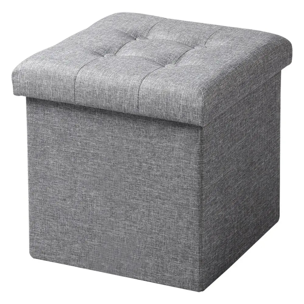 Foldable Grey Upholstered Storage Ottoman Chair and Footstool with Removable Cover
