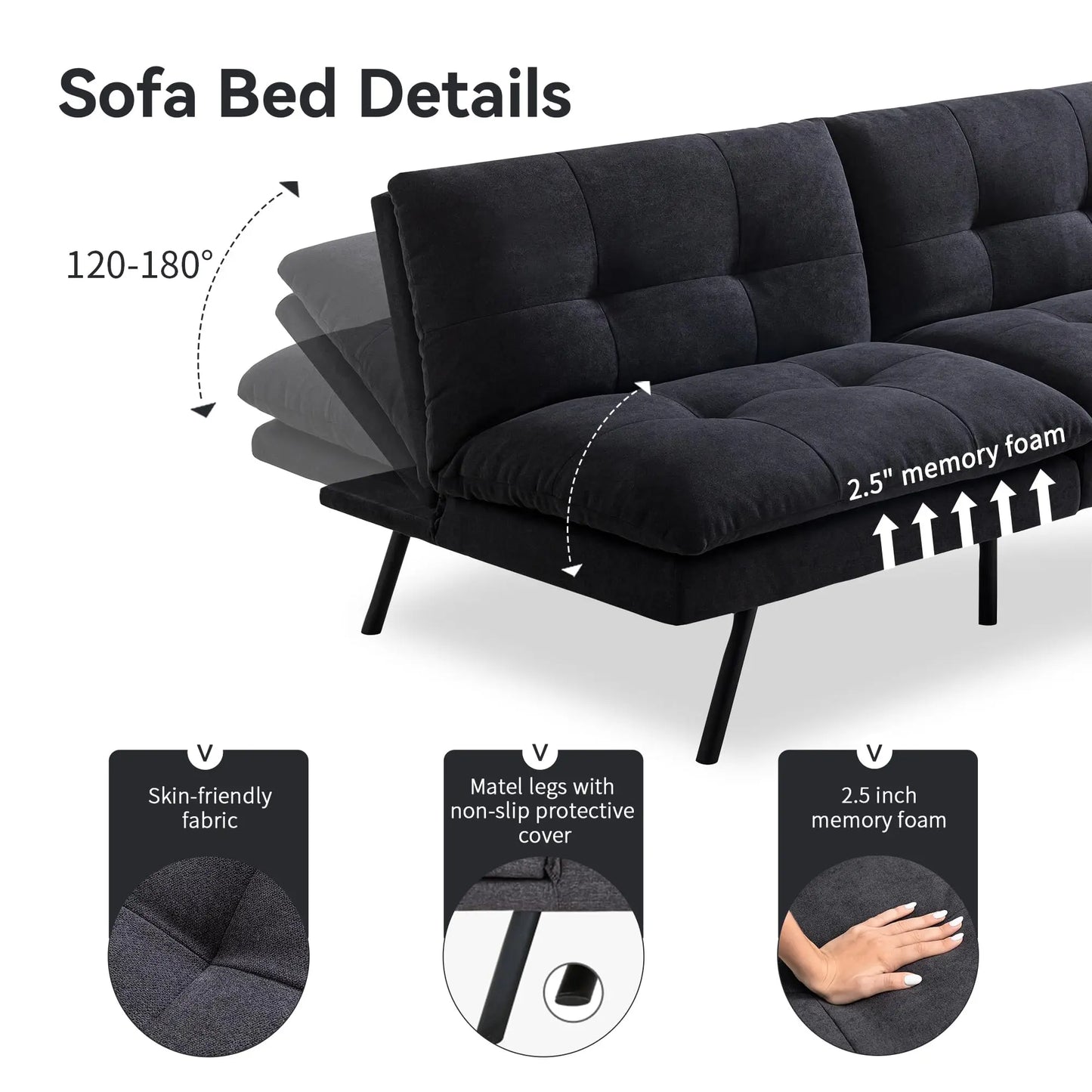 Hcore Memory Foam Futon Sofa Bed - Convertible Black Sleeper Loveseat for Small Spaces