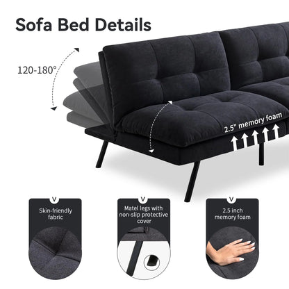 Hcore Memory Foam Futon Sofa Bed - Convertible Black Sleeper Loveseat for Small Spaces