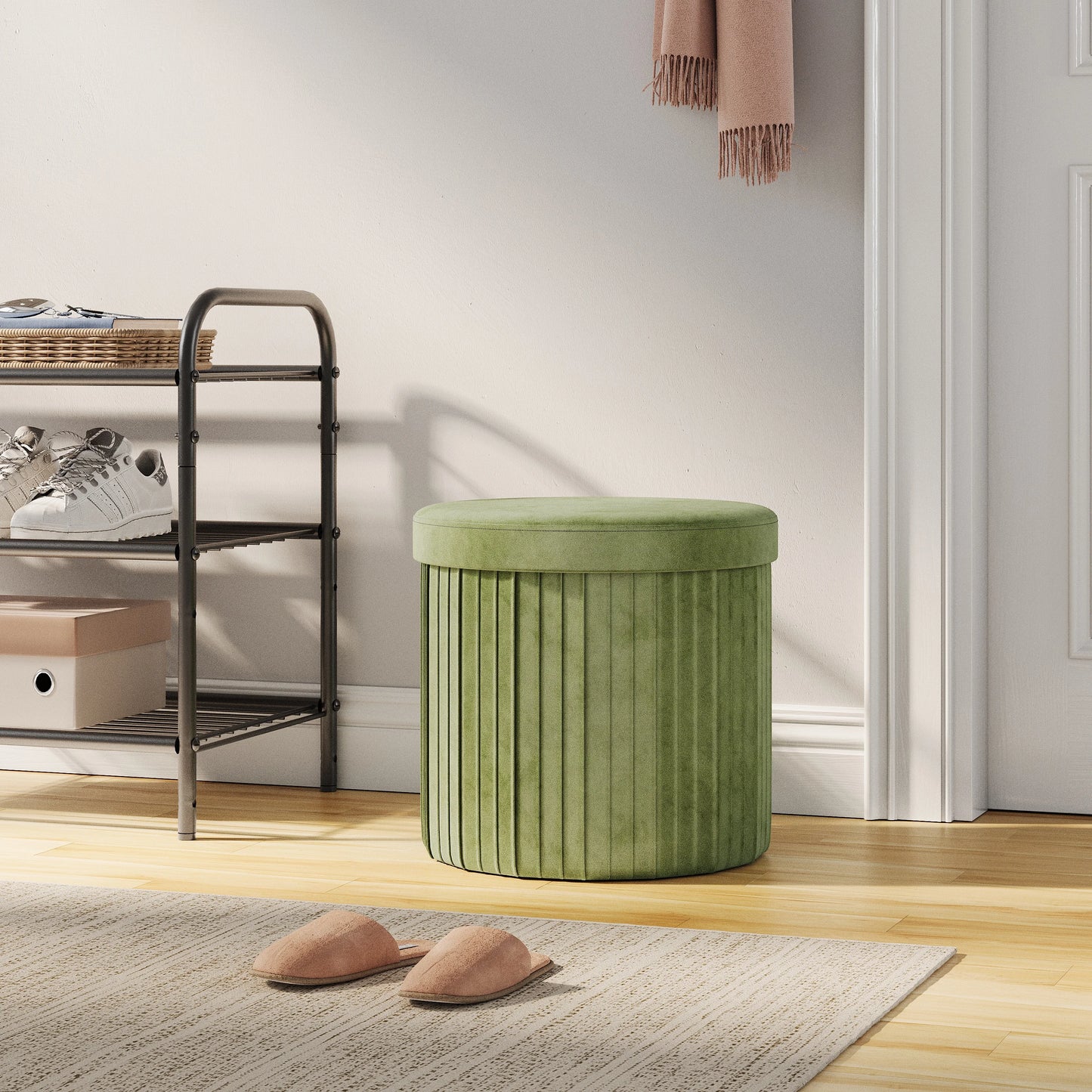 Velvet Round Ottoman with MDF Foldable Design and Removable Padded Lid - Stylish Storage Solution for Living Room Footstool