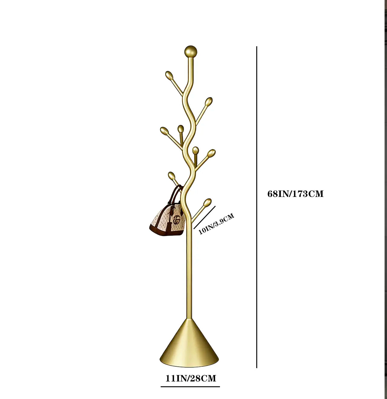 Tree-Shaped Freestanding Coat Rack with 8 Hooks and Sturdy Cast Iron Base - Heavy Duty Metal Hanger for Coats, Hats, Scarves, and Purses (Gold)