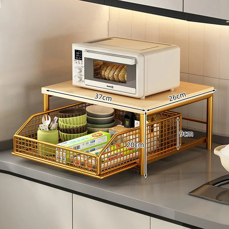 Contemporary Kitchen Microwave Storage Rack - Durable Solid Wood and Metal Design, Efficient Countertop Organizer