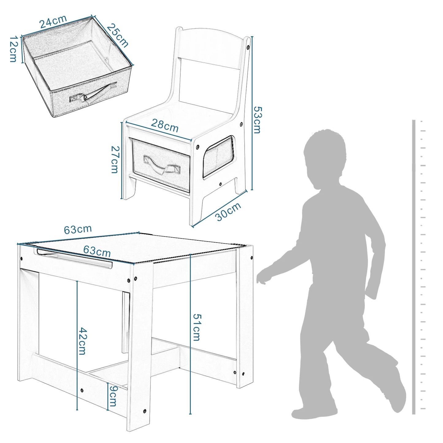 White Children's Table and 2 Chairs Set with Storage Basket, Reversible Blackboard Tabletop, and Paper Roll for Preschool Furniture