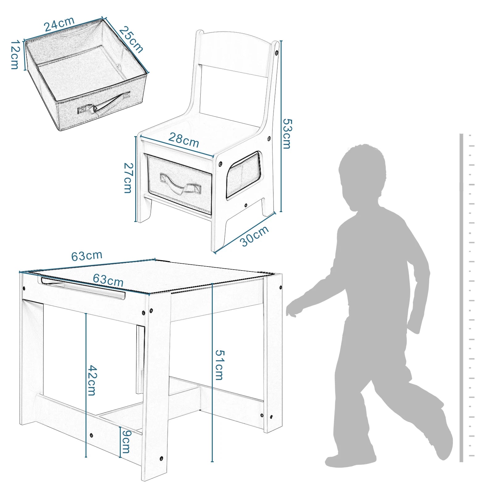 White Children's Table and 2 Chairs Set with Storage Basket, Reversible Blackboard Tabletop, and Paper Roll for Preschool Furniture