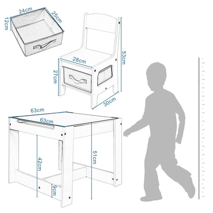 White Children's Table and 2 Chairs Set with Storage Basket, Reversible Blackboard Tabletop, and Paper Roll for Preschool Furniture