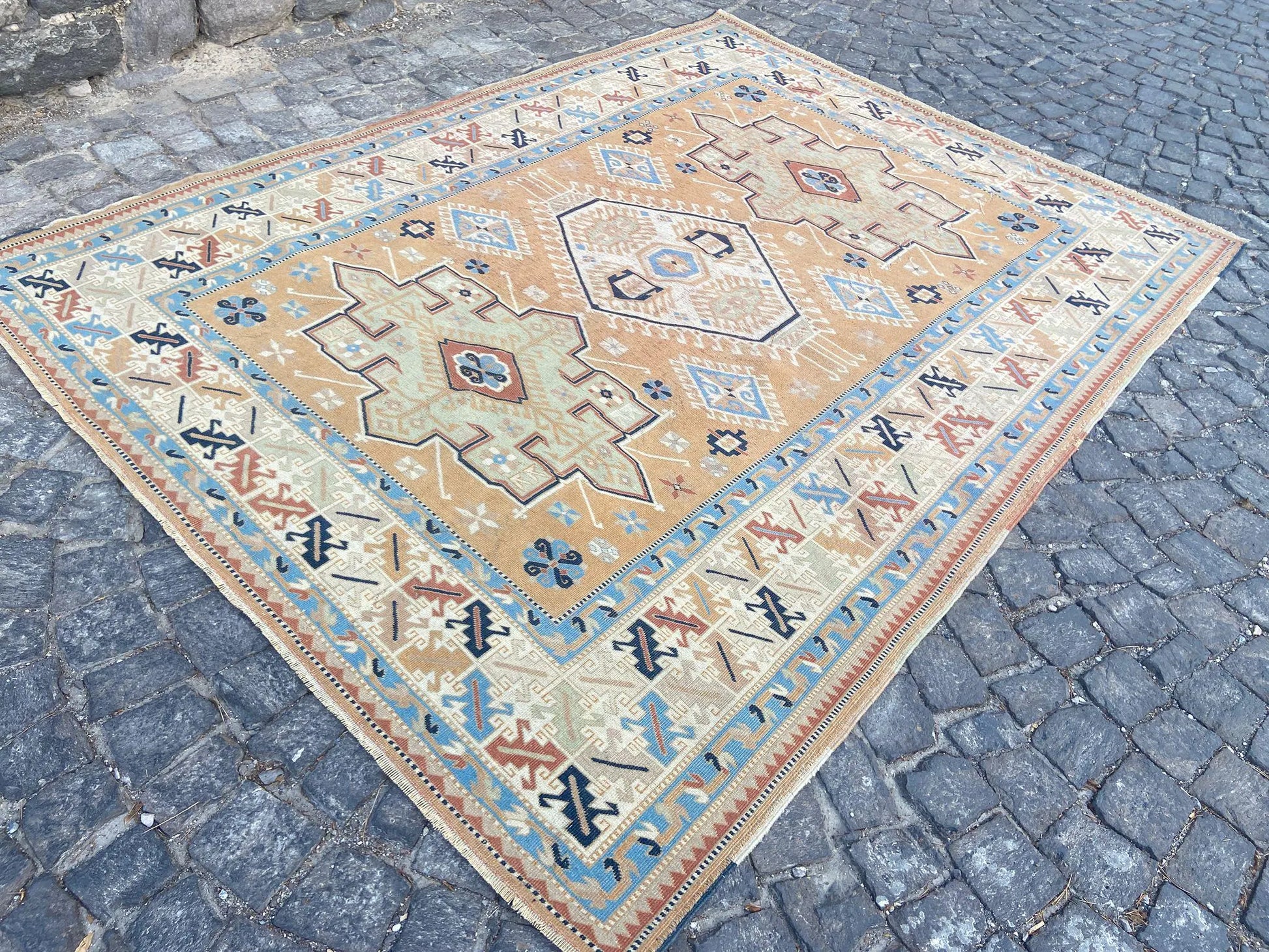 Large Vintage Persian Hand-Knotted Wool Area Rug - 6.9 x 9 Ft Antique Turkish Design