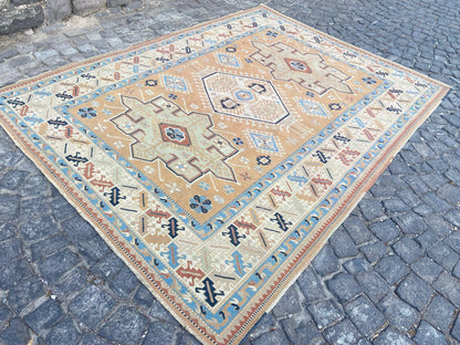 Large Vintage Persian Hand-Knotted Wool Area Rug - 6.9 x 9 Ft Antique Turkish Design