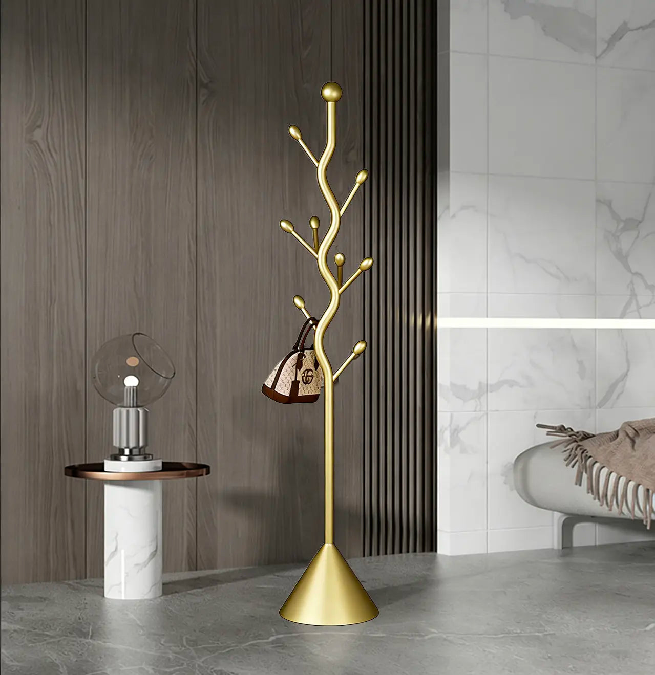 Tree-Shaped Freestanding Coat Rack with 8 Hooks and Sturdy Cast Iron Base - Heavy Duty Metal Hanger for Coats, Hats, Scarves, and Purses (Gold)