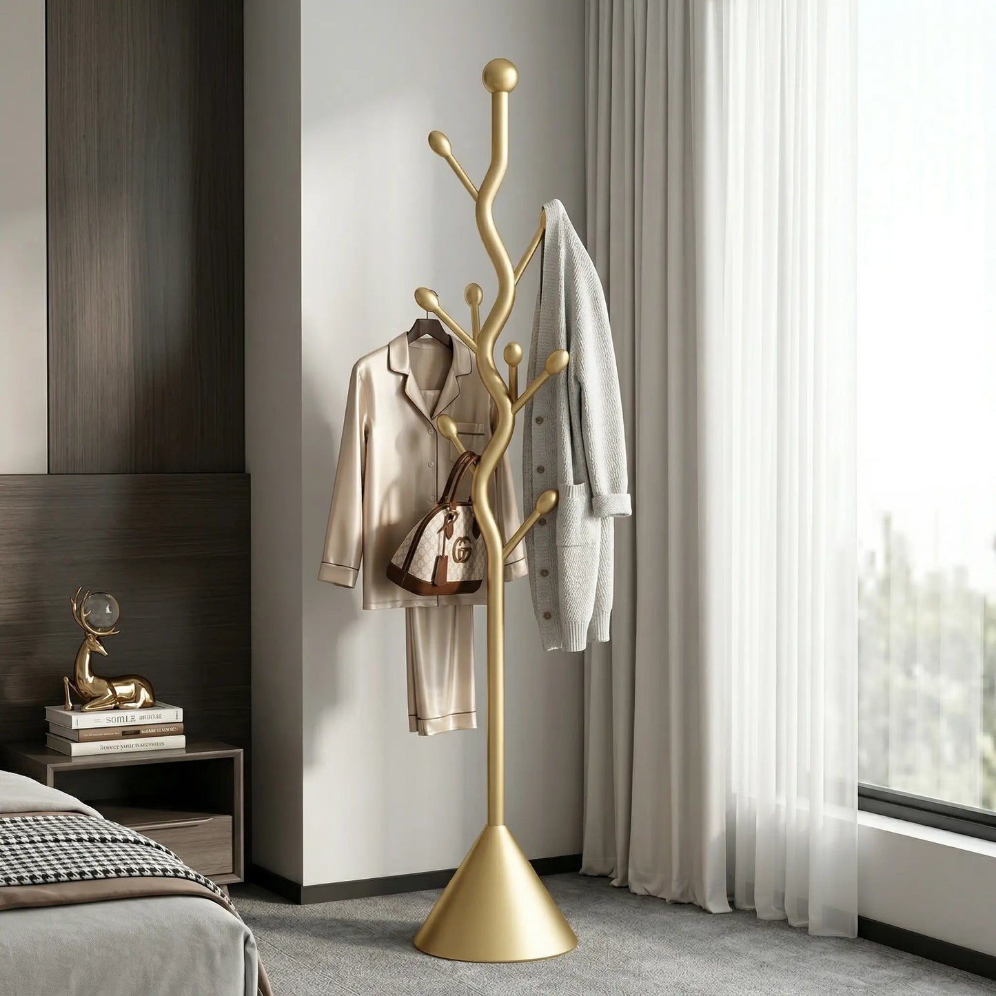Tree-Shaped Freestanding Coat Rack with 8 Hooks and Sturdy Cast Iron Base - Heavy Duty Metal Hanger for Coats, Hats, Scarves, and Purses (Gold)