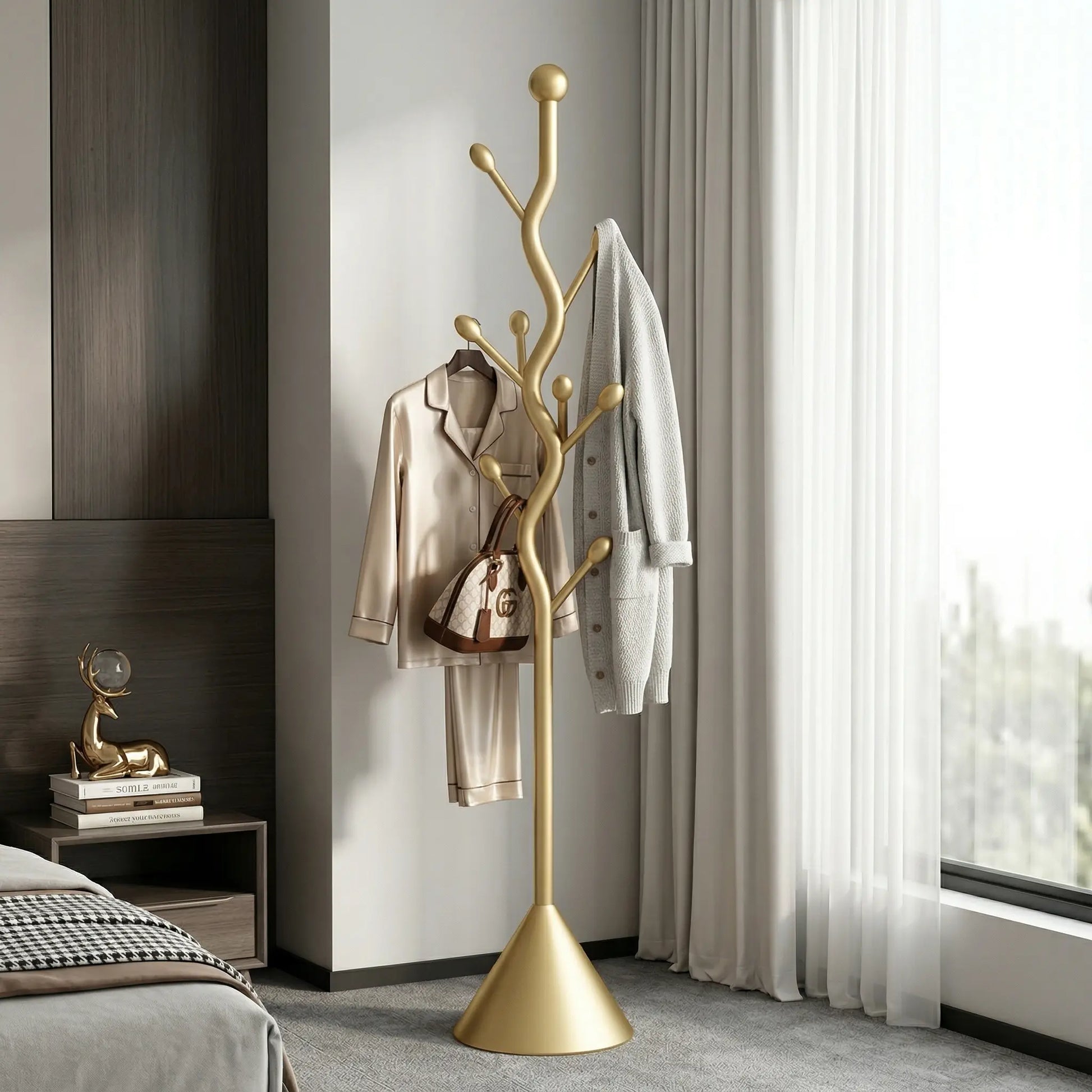 Tree-Shaped Freestanding Coat Rack with 8 Hooks and Sturdy Cast Iron Base - Heavy Duty Metal Hanger for Coats, Hats, Scarves, and Purses (Gold)
