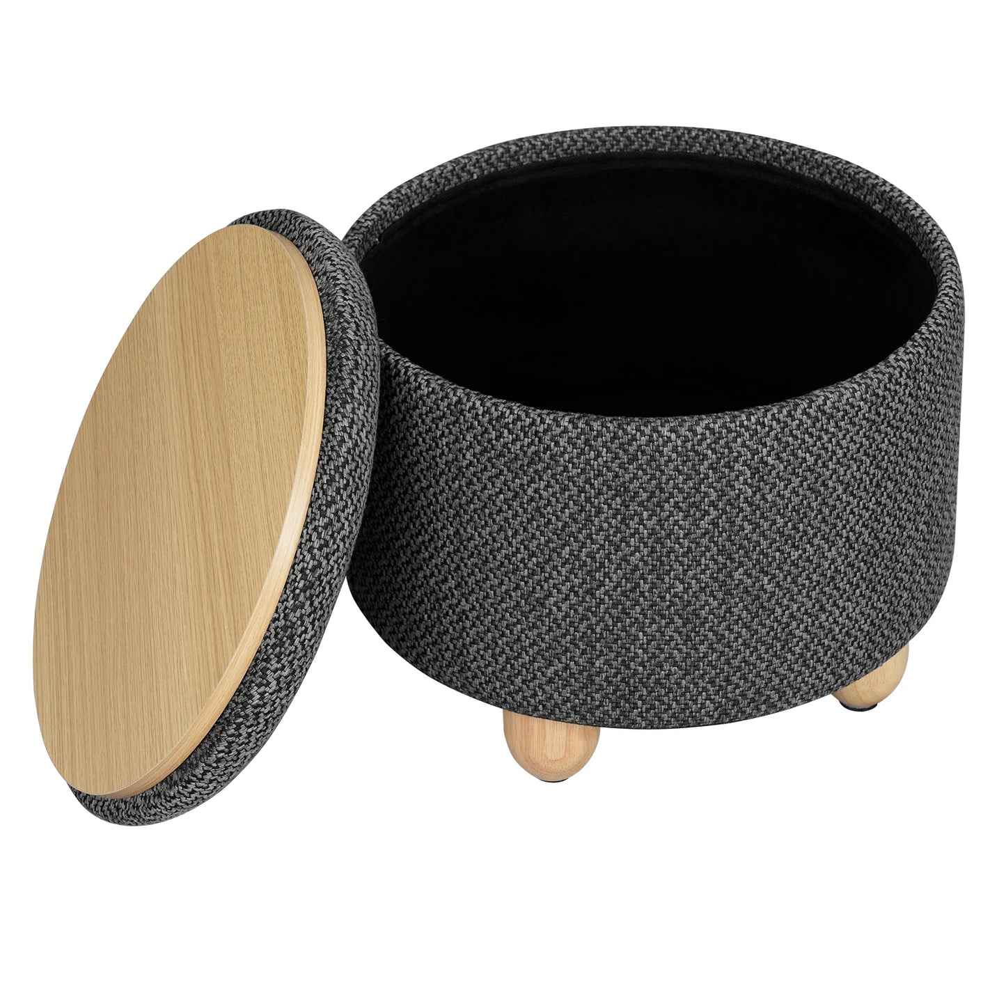 Upholstered Storage Pouf Ottoman with Lid and Pine Legs - Foldable Space-Saving Stool for Living Room and Bedroom