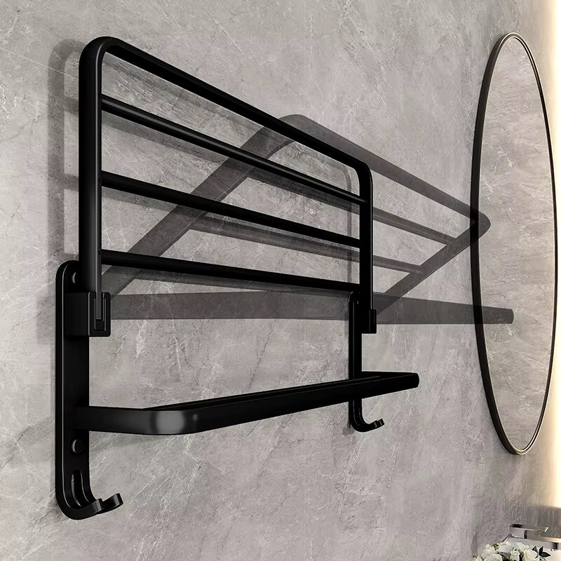 Matte Black 50CM Wall-Mounted Folding Towel Holder with Hook - Aluminum Towel Rack