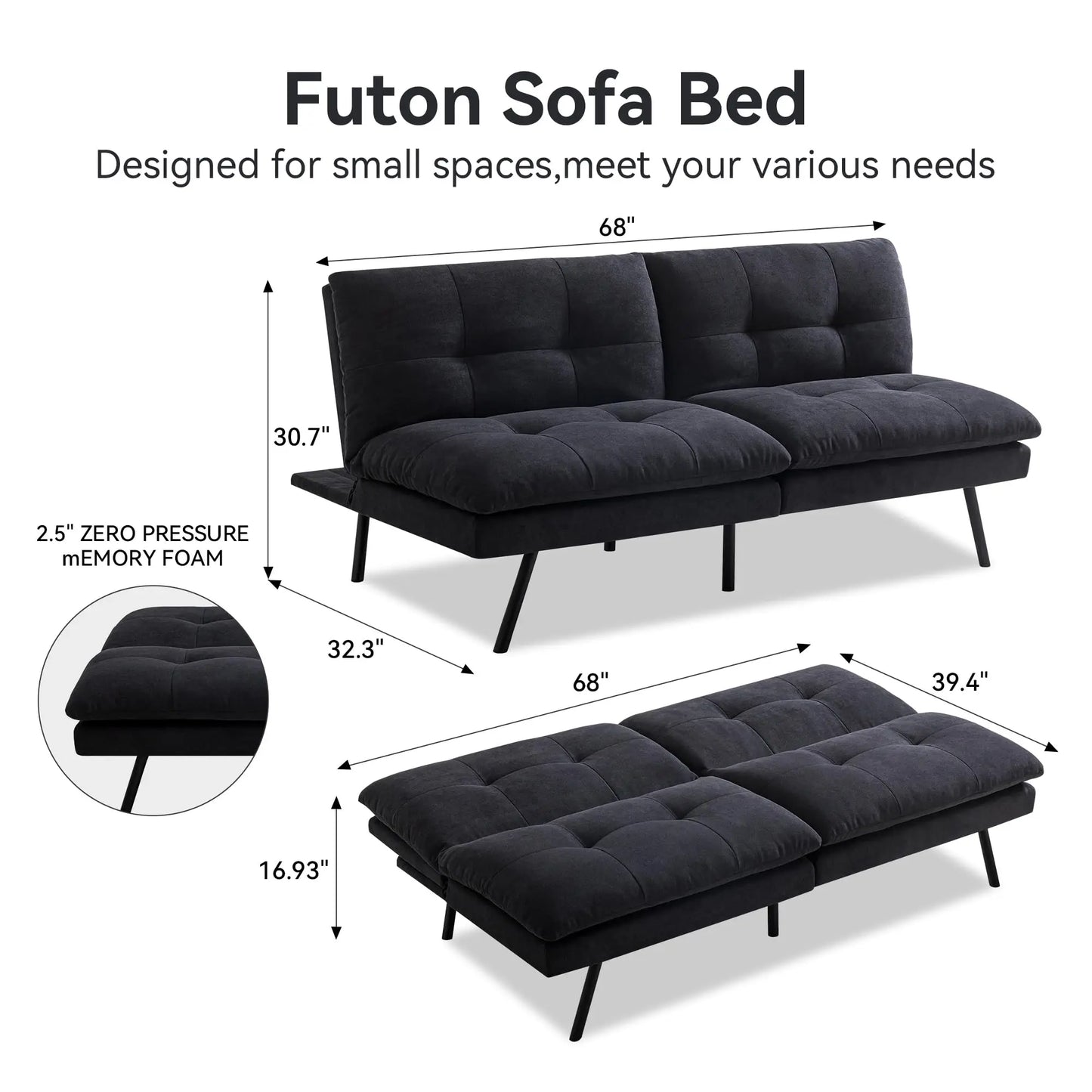 Hcore Memory Foam Futon Sofa Bed - Convertible Black Sleeper Loveseat for Small Spaces