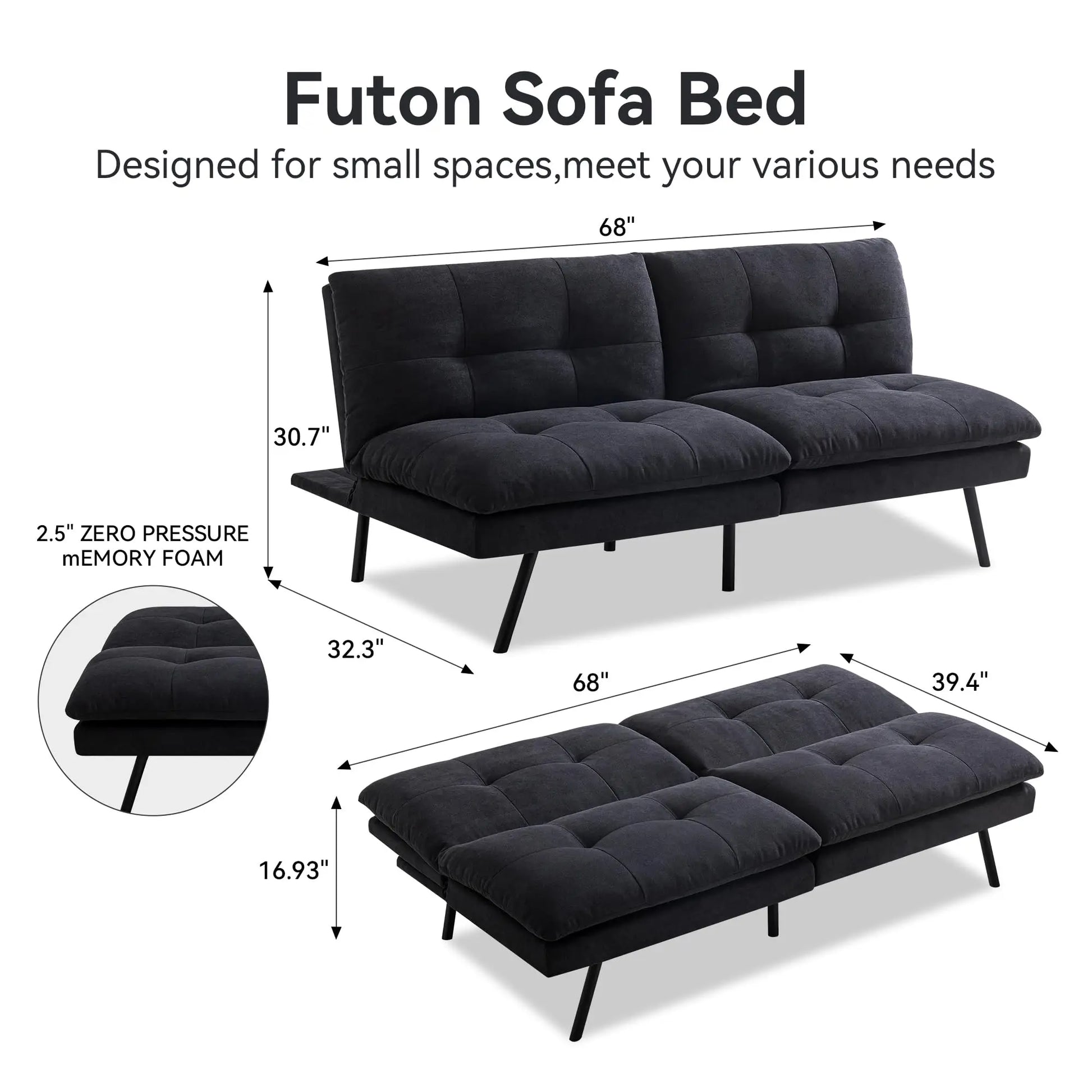 Hcore Memory Foam Futon Sofa Bed - Convertible Black Sleeper Loveseat for Small Spaces