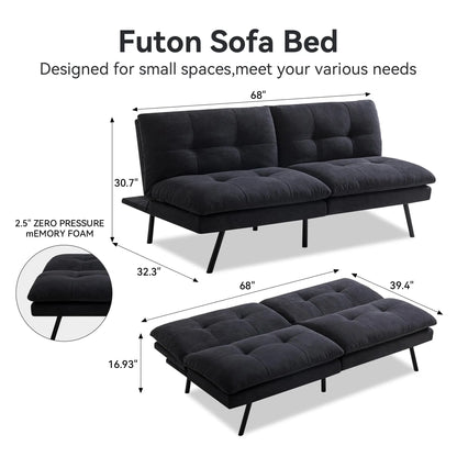 Hcore Memory Foam Futon Sofa Bed - Convertible Black Sleeper Loveseat for Small Spaces