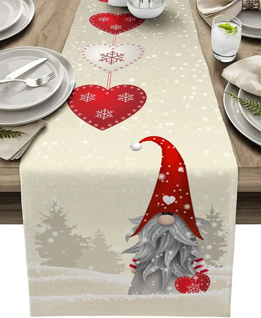 Christmas Gnome Snowflake Heart Linen Table Runner - Reusable Dresser Scarf for Kitchen and Dining Table Decor