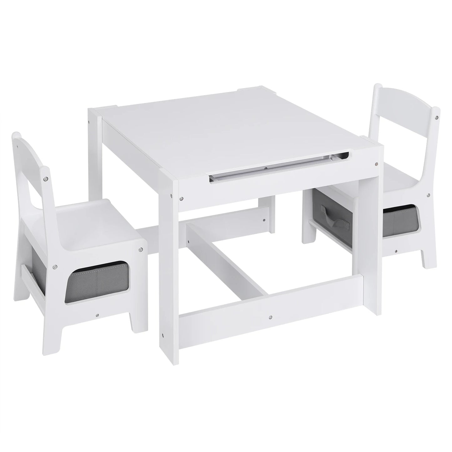 White Children's Table and 2 Chairs Set with Storage Basket, Reversible Blackboard Tabletop, and Paper Roll for Preschool Furniture