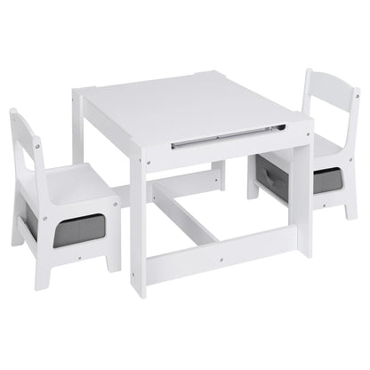 White Children's Table and 2 Chairs Set with Storage Basket, Reversible Blackboard Tabletop, and Paper Roll for Preschool Furniture