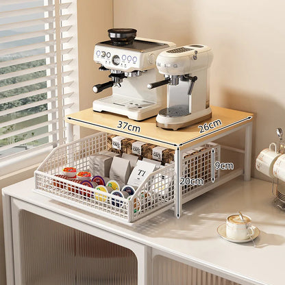 Contemporary Kitchen Microwave Storage Rack - Durable Solid Wood and Metal Design, Efficient Countertop Organizer