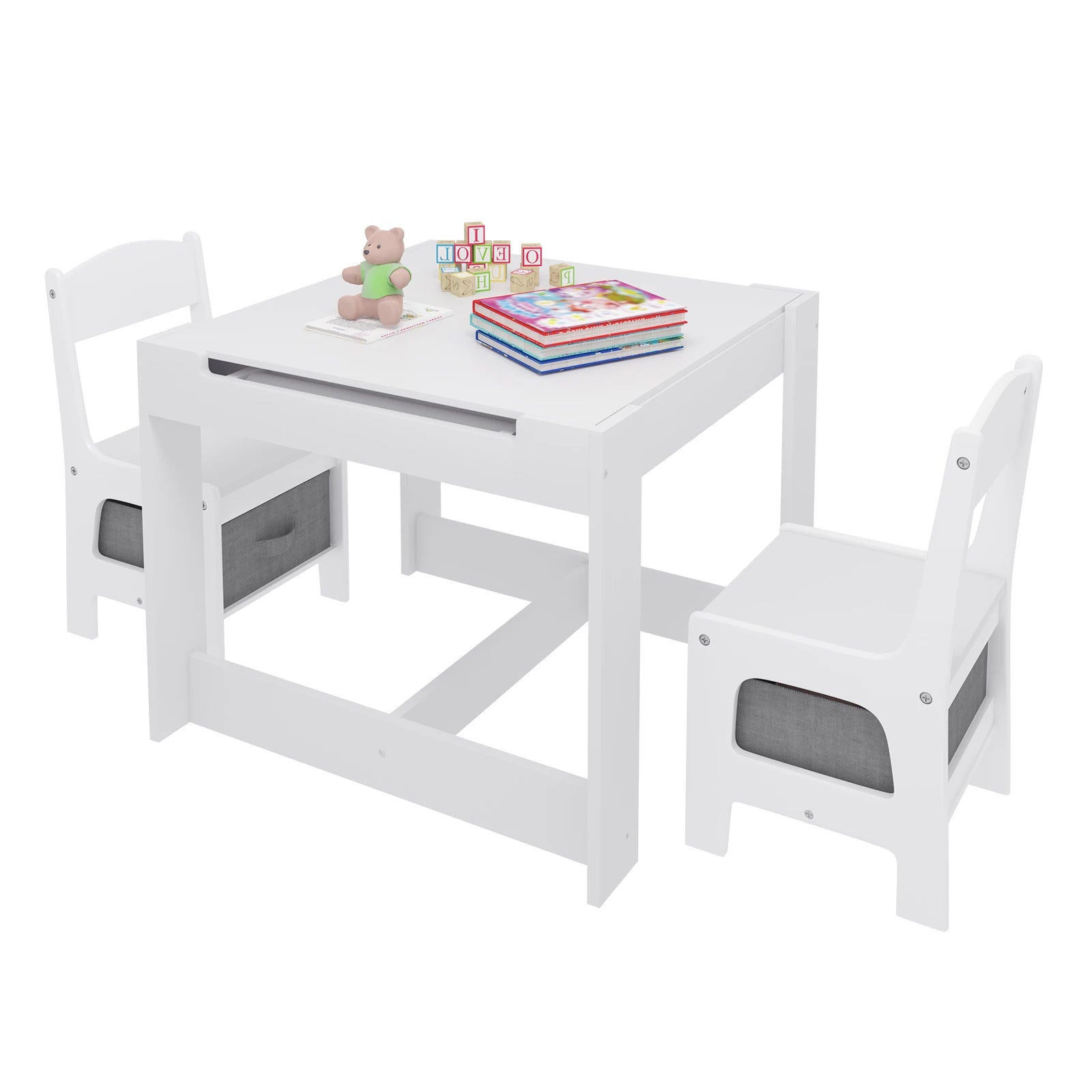 White Children's Table and 2 Chairs Set with Storage Basket, Reversible Blackboard Tabletop, and Paper Roll for Preschool Furniture