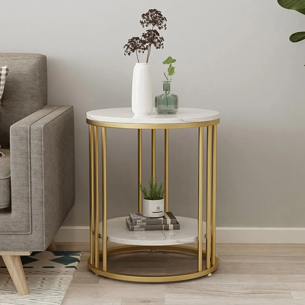 Elegant 2-Tier White Marble Round Side Table with Jewelry Storage