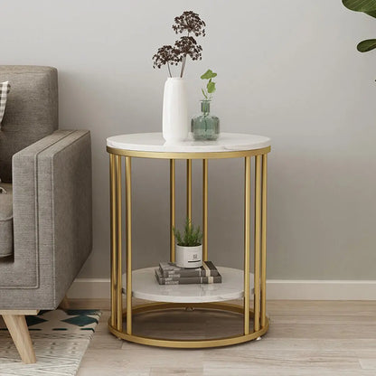 Elegant 2-Tier White Marble Round Side Table with Jewelry Storage