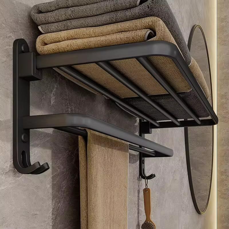Matte Black 50CM Wall-Mounted Folding Towel Holder with Hook - Aluminum Towel Rack