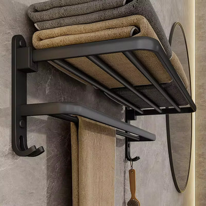 Matte Black 50CM Wall-Mounted Folding Towel Holder with Hook - Aluminum Towel Rack