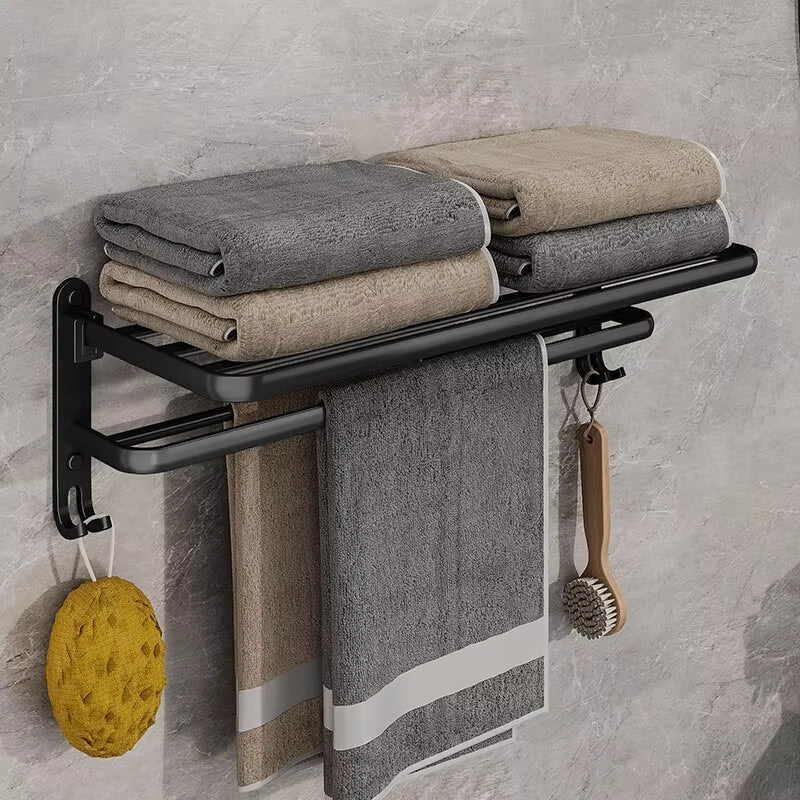Matte Black 50CM Wall-Mounted Folding Towel Holder with Hook - Aluminum Towel Rack