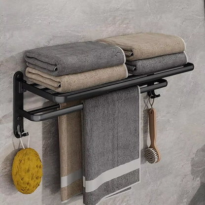 Matte Black 50CM Wall-Mounted Folding Towel Holder with Hook - Aluminum Towel Rack