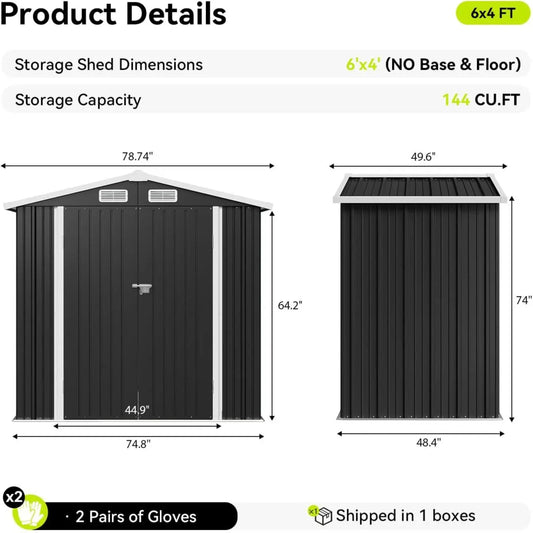 Aoxun 6X4 FT Metal Storage Shed with Sloping Roof, Lockable Door, and Rust-Proof Galvanized Steel for Efficient Outdoor Organization of Patio, Lawn, and Garden Tools