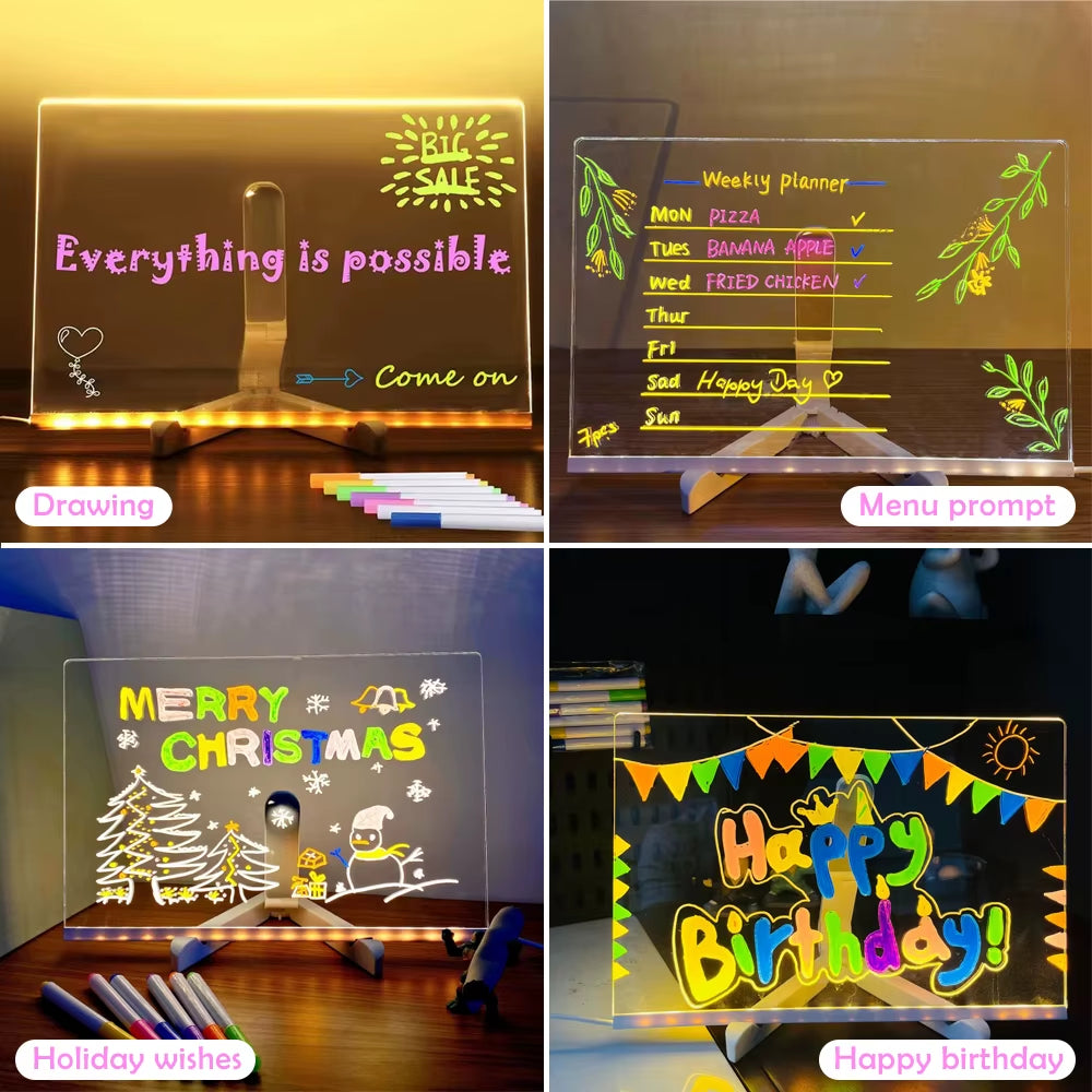 LED Message Board with Night Light - Colorful DIY Acrylic Drawing Board and 7 Pens for Children's Birthday Gifts