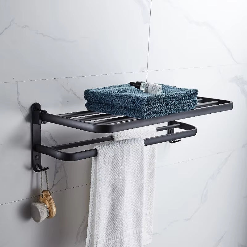 Matte Black 50CM Wall-Mounted Folding Towel Holder with Hook - Aluminum Towel Rack