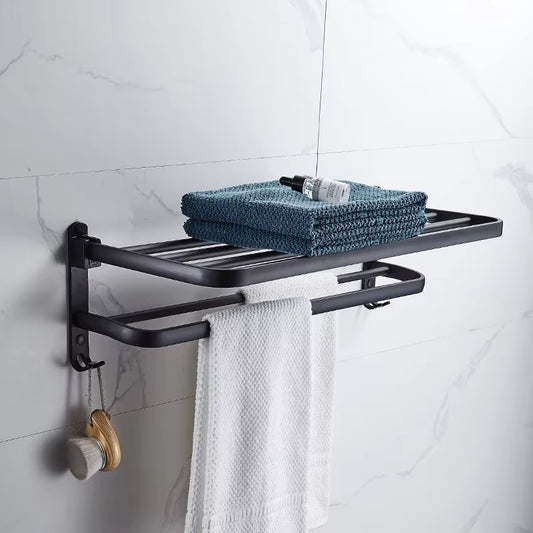 Matte Black 50CM Wall-Mounted Folding Towel Holder with Hook - Aluminum Towel Rack