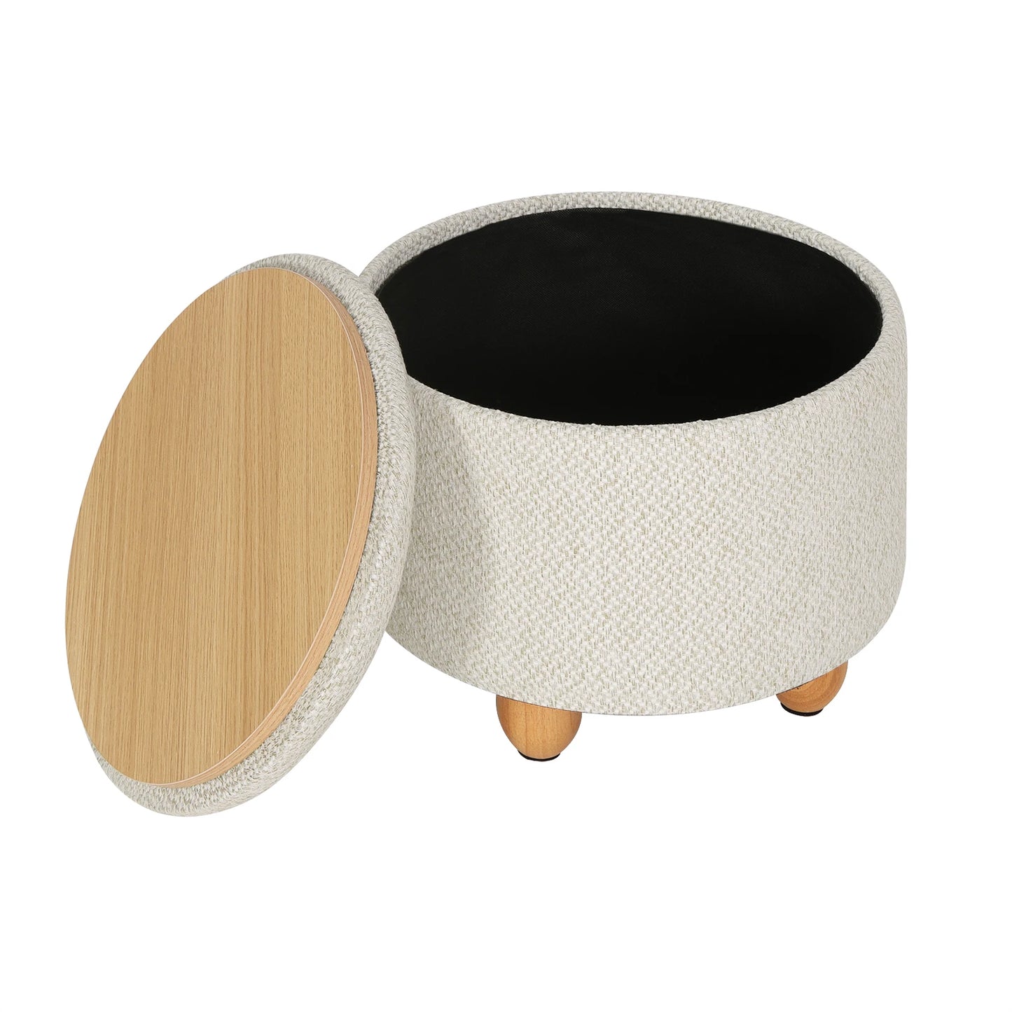 Upholstered Storage Pouf Ottoman with Lid and Pine Legs - Foldable Space-Saving Stool for Living Room and Bedroom