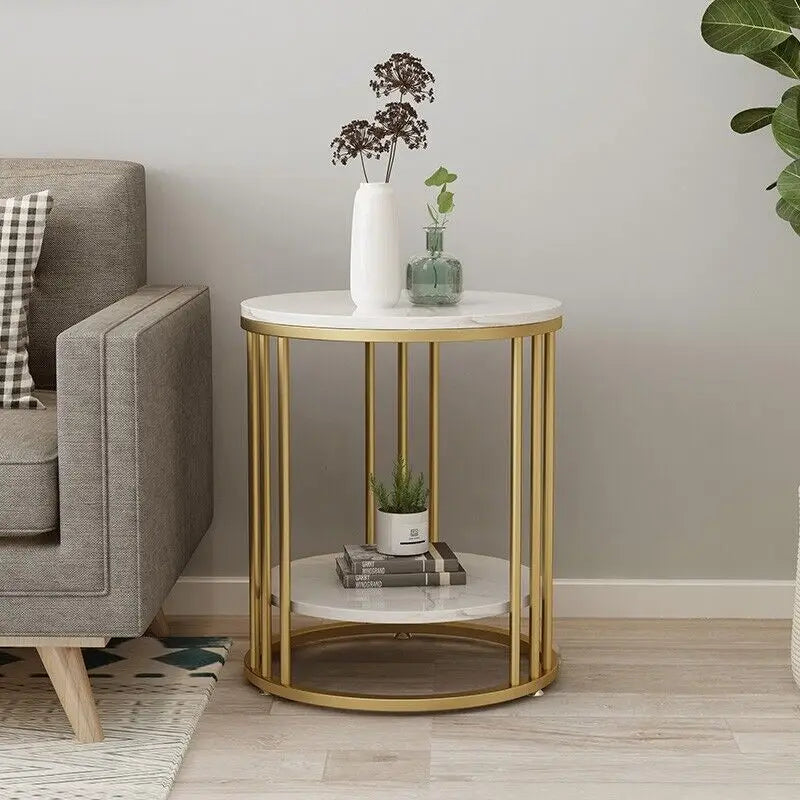 Elegant 2-Tier White Marble Round Side Table with Jewelry Storage