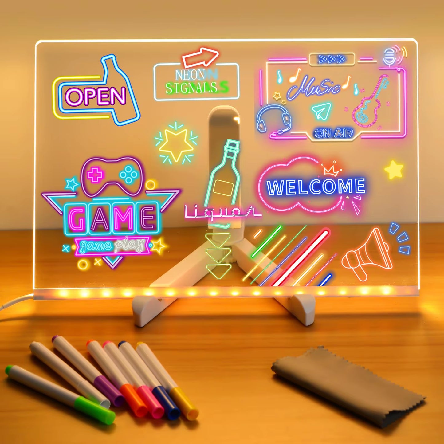 LED Message Board with Night Light - Colorful DIY Acrylic Drawing Board and 7 Pens for Children's Birthday Gifts