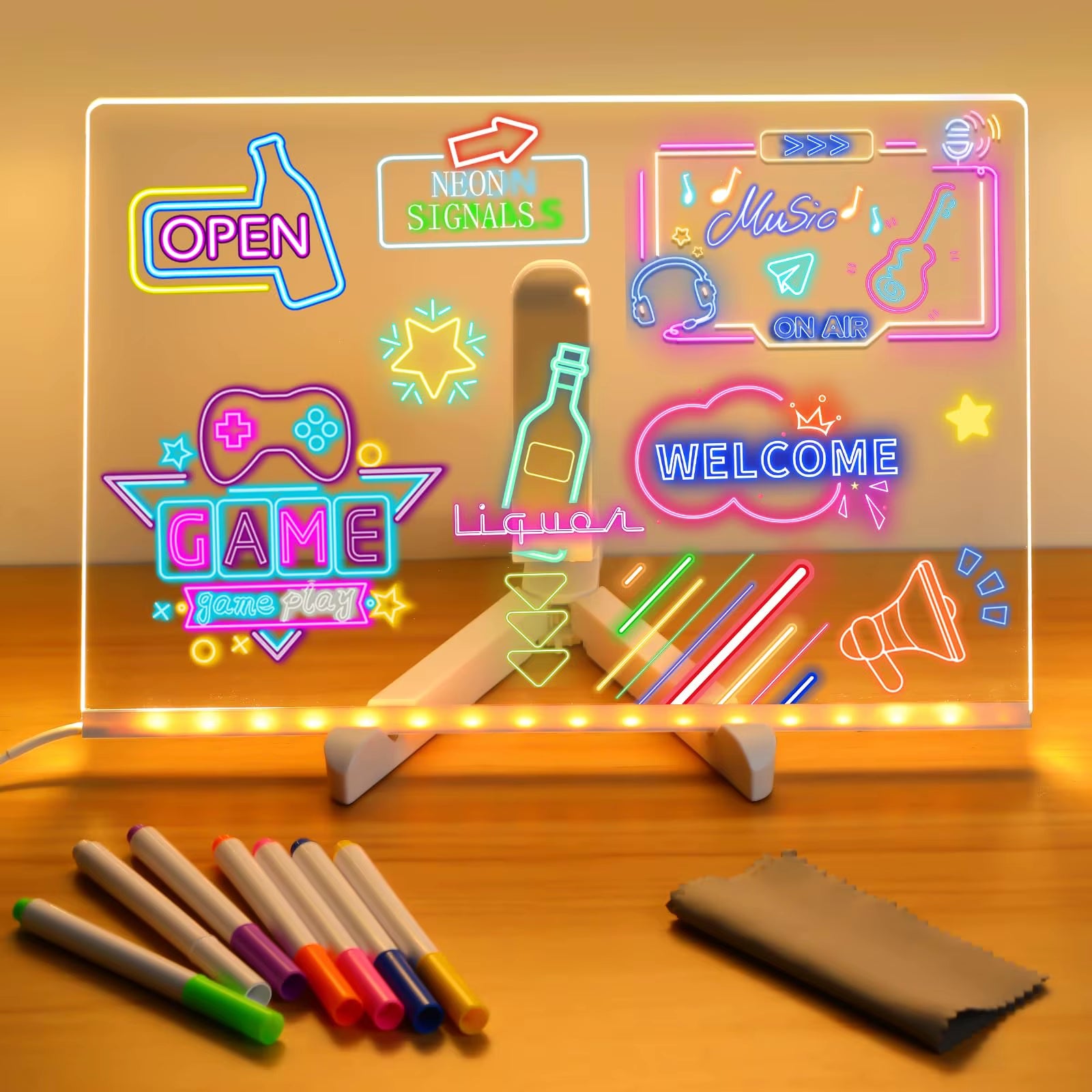 LED Message Board with Night Light - Colorful DIY Acrylic Drawing Board and 7 Pens for Children's Birthday Gifts