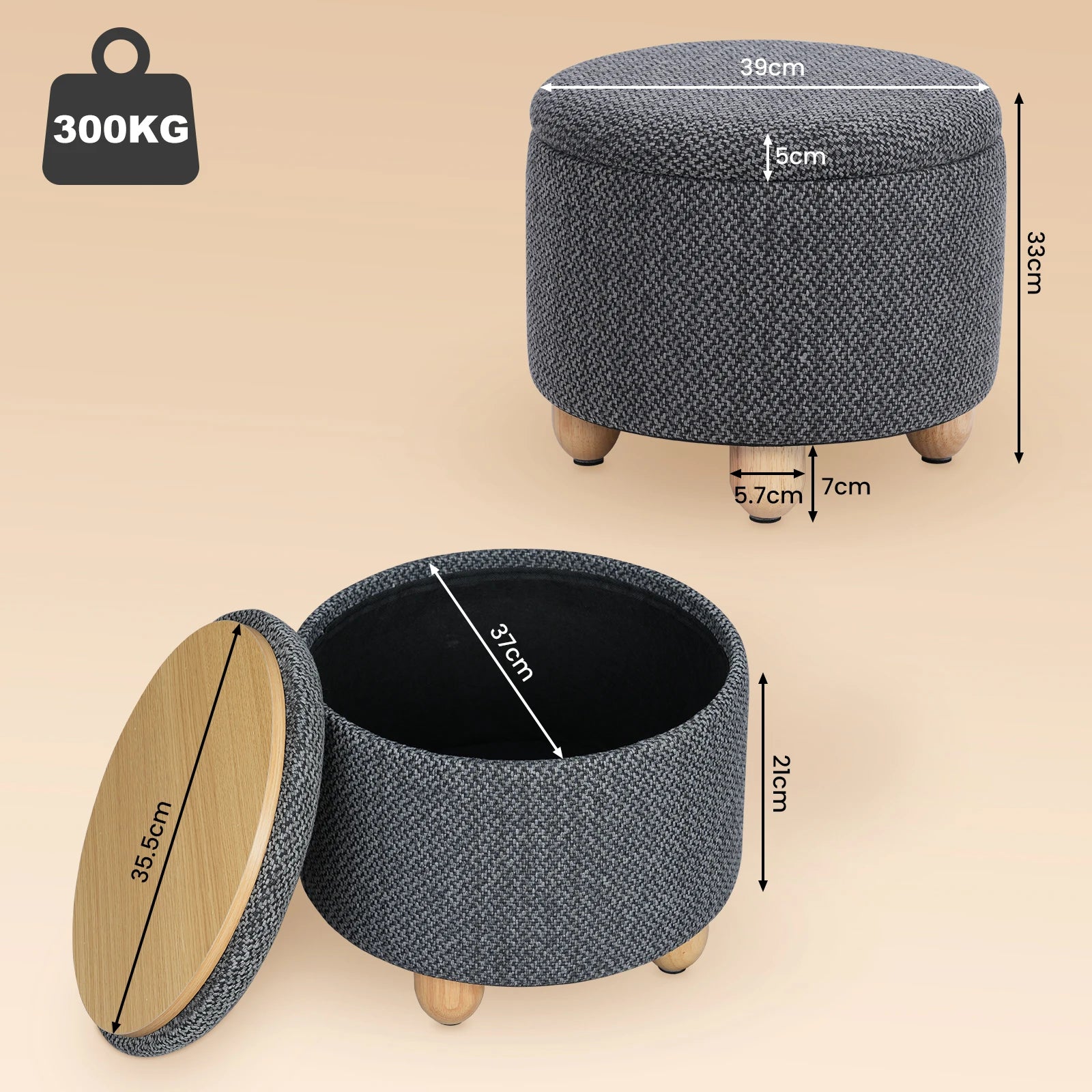 Upholstered Storage Pouf Ottoman with Lid and Pine Legs - Foldable Space-Saving Stool for Living Room and Bedroom