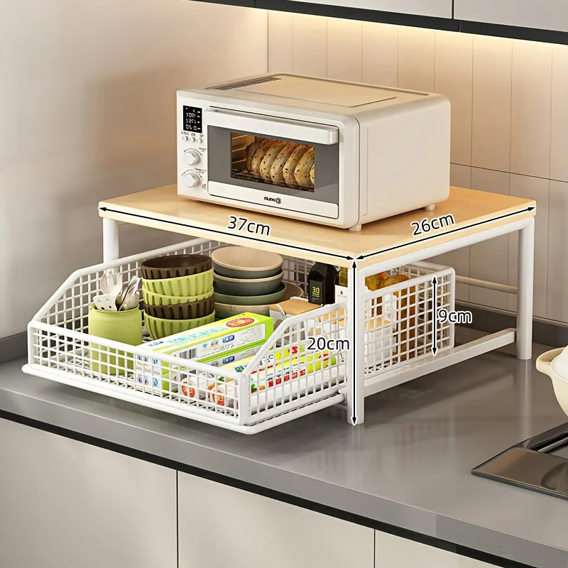 Contemporary Kitchen Microwave Storage Rack - Durable Solid Wood and Metal Design, Efficient Countertop Organizer