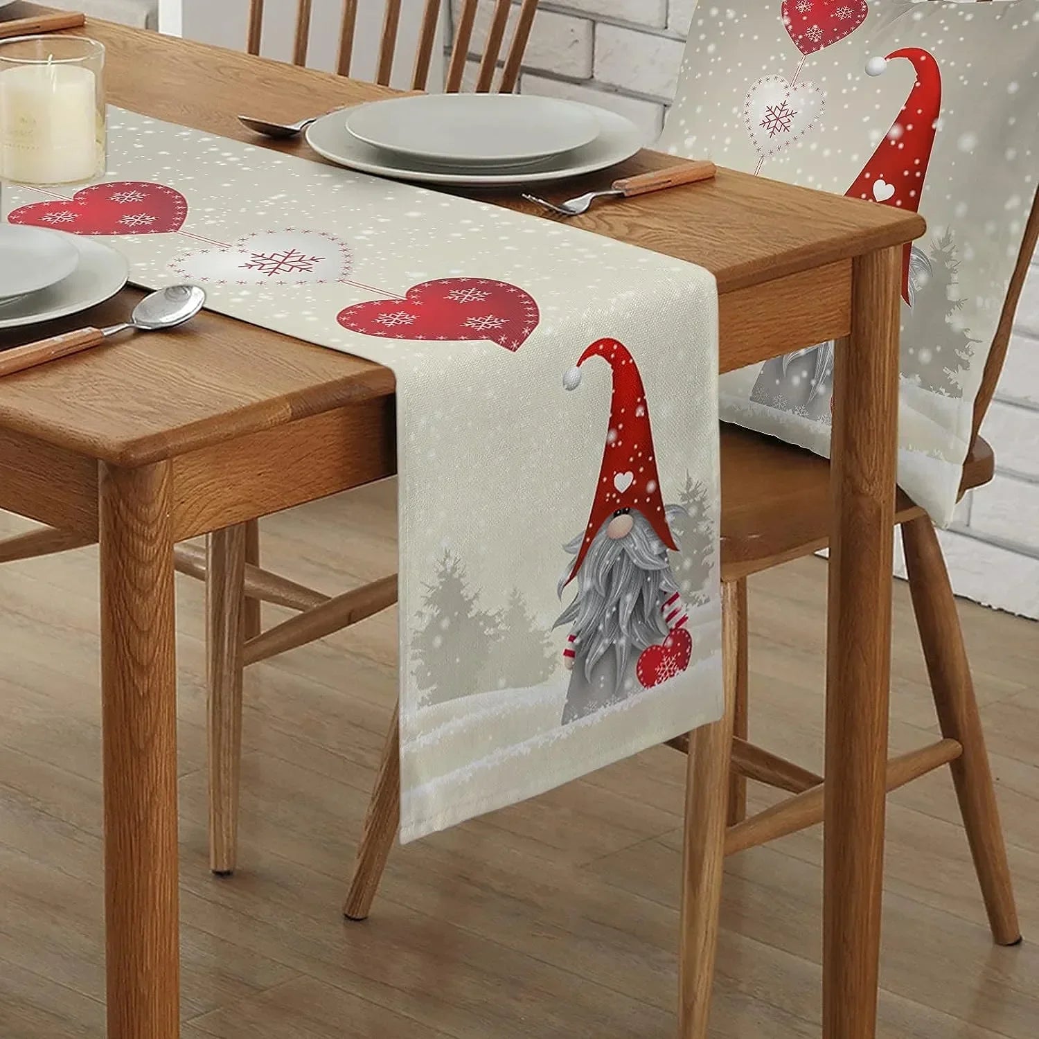 Christmas Gnome Snowflake Heart Linen Table Runner - Reusable Dresser Scarf for Kitchen and Dining Table Decor