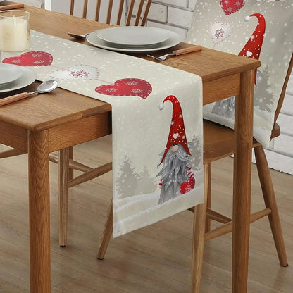 Christmas Gnome Snowflake Heart Linen Table Runner - Reusable Dresser Scarf for Kitchen and Dining Table Decor