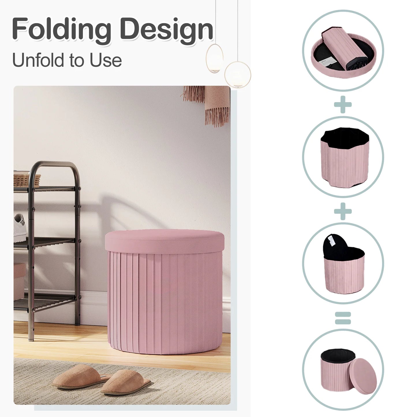 Velvet Round Ottoman with MDF Foldable Design and Removable Padded Lid - Stylish Storage Solution for Living Room Footstool